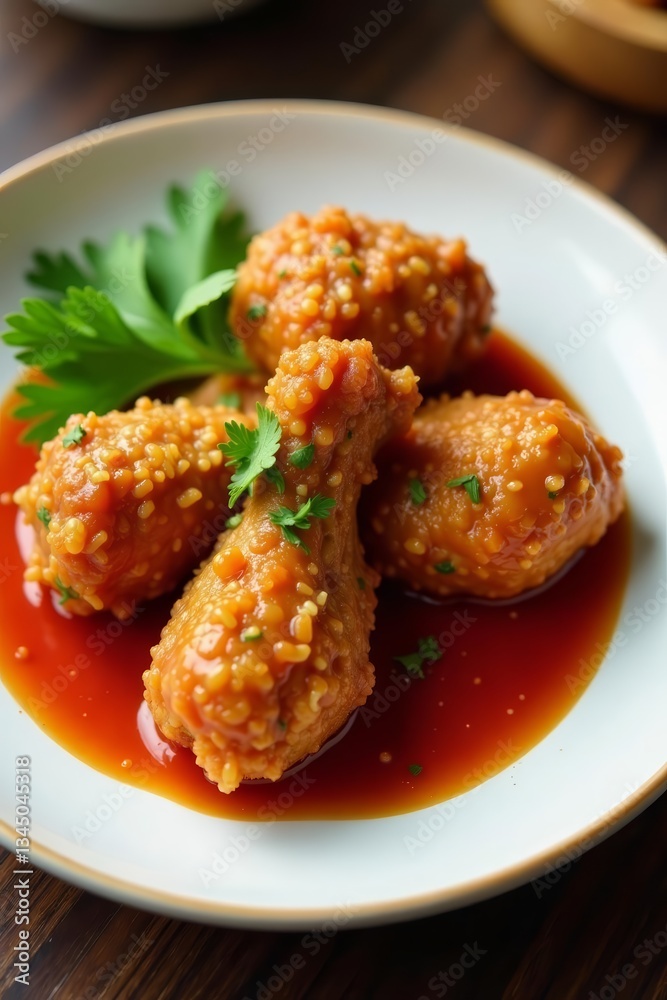 Delicious Korean fried chicken with spicy sauce on a plate, Korean fried food, plate Delicious Korean fried chicken with spicy sauce on a plate, Korean fried food, plate