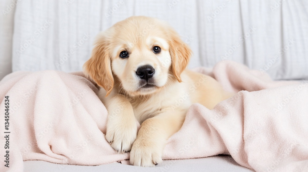 Obraz premium Adorable Golden Retriever Puppy Soft Pink Blanket