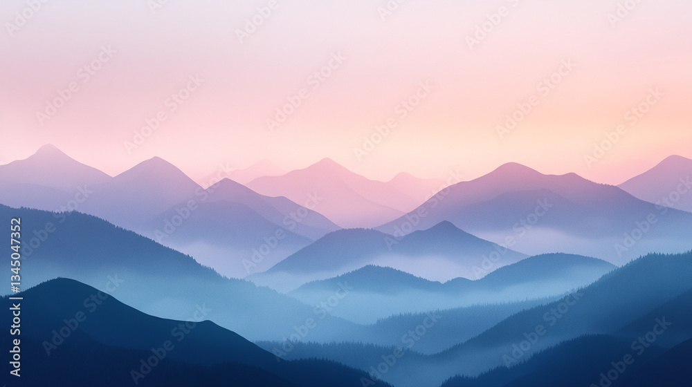 Obraz premium Serene mountain landscape at dawn with soft pastel colors and misty valleys in the background