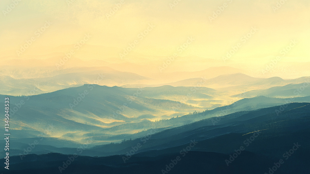 Serene mountain landscape at dawn with soft fog rolling over distant hills and valleys Serene mountain landscape at dawn with soft fog rolling over distant hills and valleys