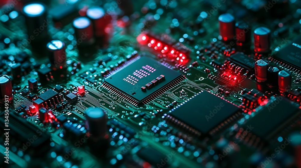 Obraz premium Close-up of illuminated circuit board showcasing intricate electronic components and pathways.