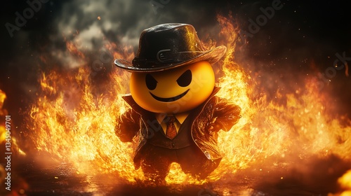 High-Resolution Image of a Detective Emoji on Fire, Mystery Theme with Intense Flames