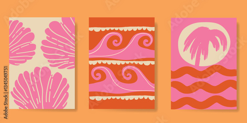 Abstract summer poster vector. Minimal hand drawn wallpaper design with coconut tree, sun, sea, mountain, beach. Ocean painting for summer season, wall decoration, interior, background.