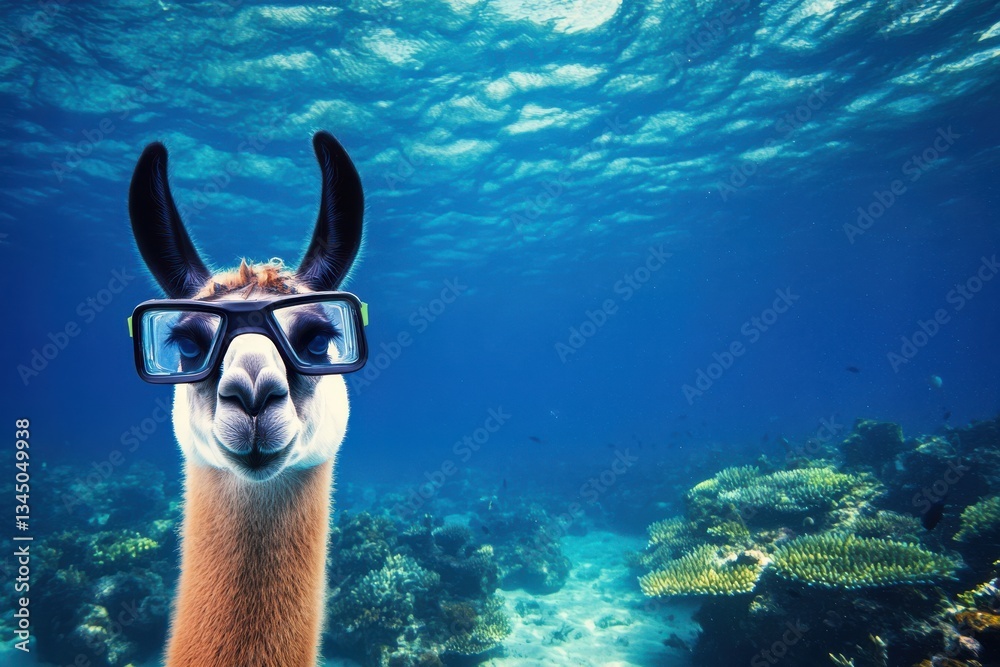Fototapeta premium Llama snorkeling over coral reef promotes marine conservation