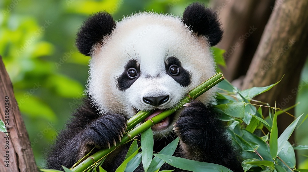 Fototapeta premium Adorable Panda Cub Eating Bamboo Wildlife Nature