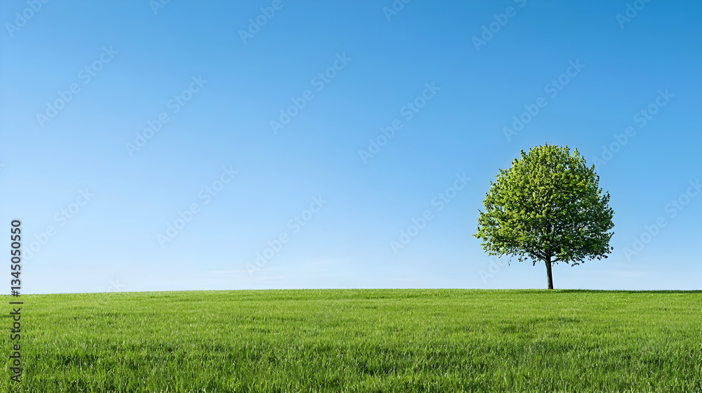 Obraz premium Single Tree In A Wide Green Field Under Bright Sunny Blue Sky
