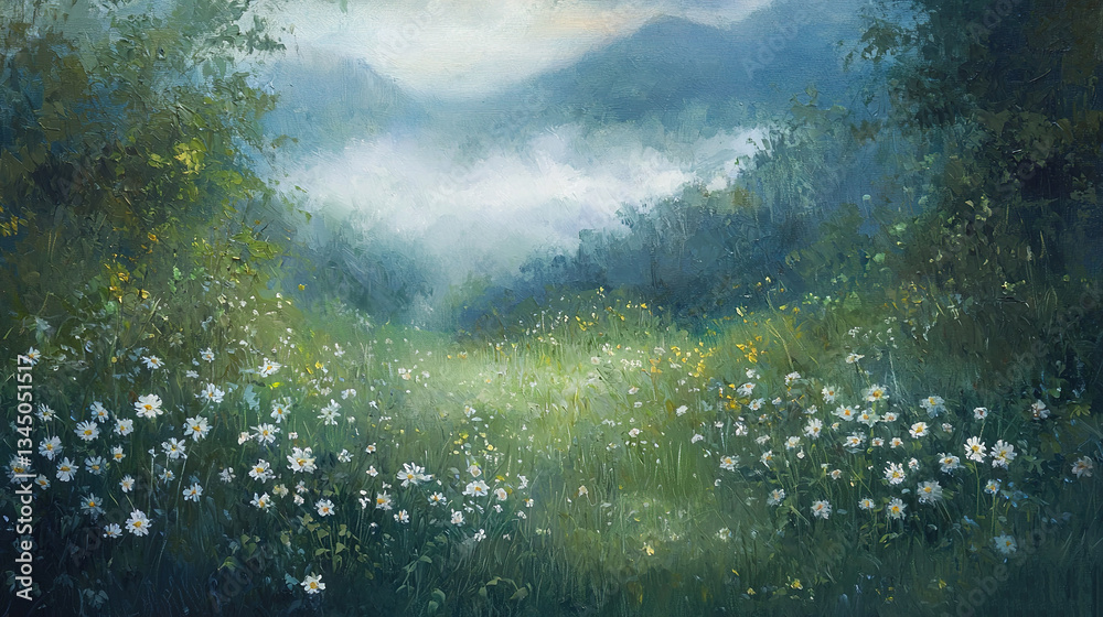 Fototapeta premium Lush Green Field with White Flowers and Blue Sky