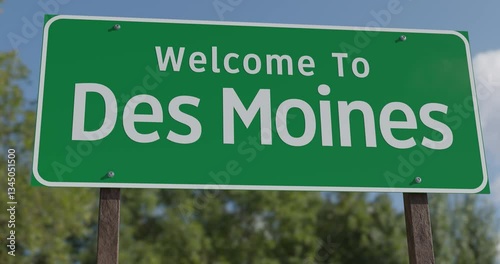 Driving By A Welcome To Des Moines, Iowa Green Road Sign Against a Blue Sky and Clouds - United States Capital Series.