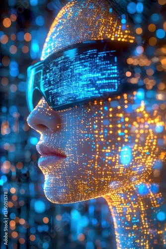 Futuristic digital face with glowing data patterns and advanced eyewear in a cybernetic setting