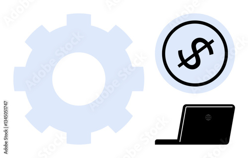 Gear, laptop, and dollar sign showcasing interplay between technology, business operations, and finance. Ideal for automation, profitability, productivity, fintech digital tools workflow flat