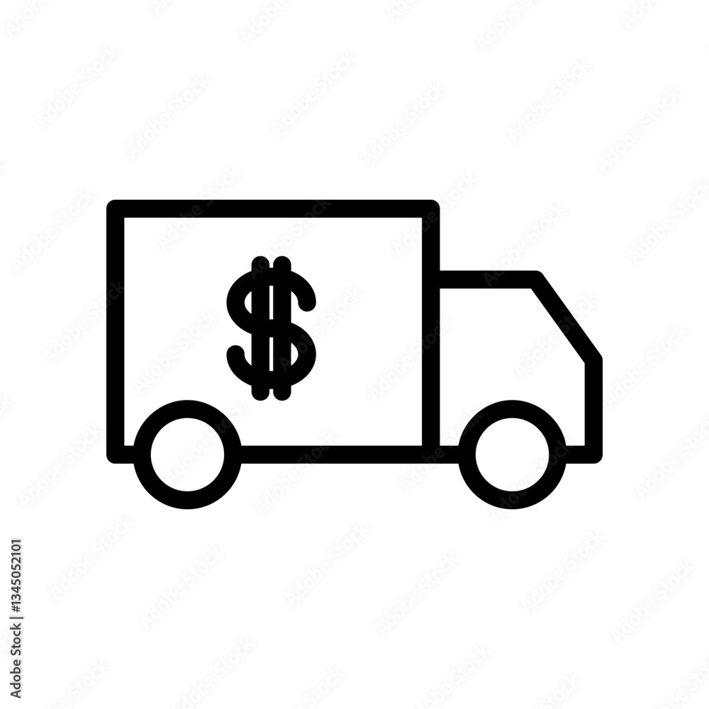 Black Outline Truck with Dollar Sign Icon on White Background Black Outline Truck with Dollar Sign Icon on White Background