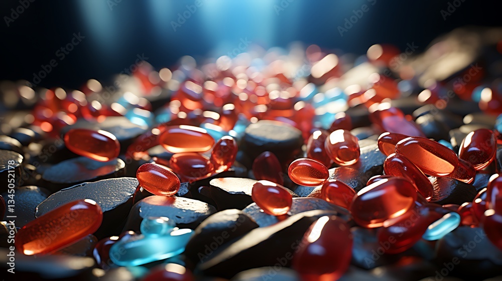 Abstract Composition of Red and Blue Capsules on Dark Surface Abstract Composition of Red and Blue Capsules on Dark Surface