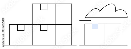 Stacked boxes next to a cloud-connected warehouse. Ideal for logistics, inventory, storage, supply chain, shipping, delivery, e-commerce, flat simple metaphor