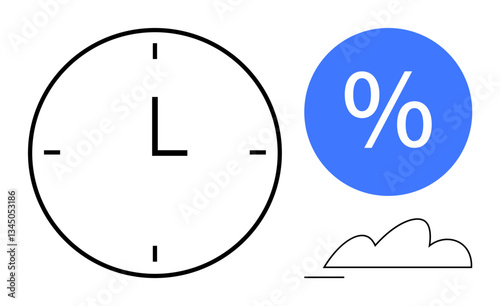 Clock symbolizing time, blue percentage icon, and minimal cloud design. Ideal for productivity, efficiency, planning, time tracking, financial analysis goal setting modern concepts. Flat simple