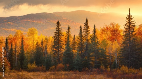 Scenic Autumn Landscape with Vibrant Foliage and Majestic Mountains at Sunset in a Forest Setting