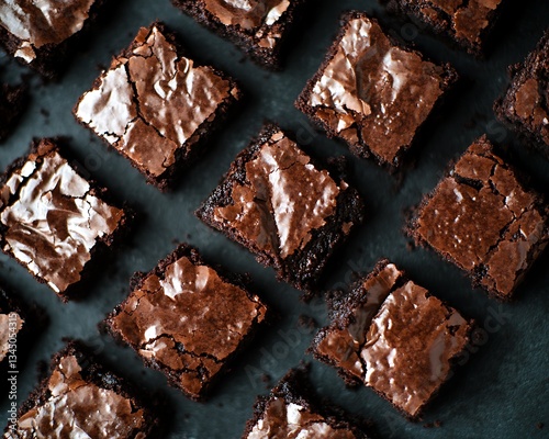 A delicious arrangement of square shaped baked chocolate brownies desserts