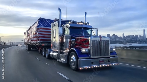 A large vehicle displays an American flag while traveling the highway