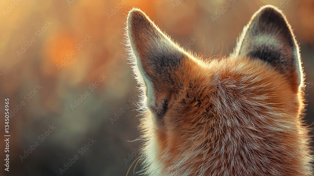 Naklejka premium The back end of a fox's head is visible in a photograph, with a blurry background of grass and trees surrounding it