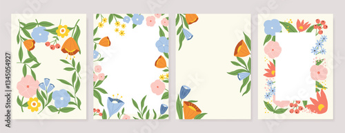 Spring  Floral  invitation card background vector. Minimal hand drawn botanical flowers template background. Design illustration for wedding, vip cover, poster, rsvp modern card, birthday party.