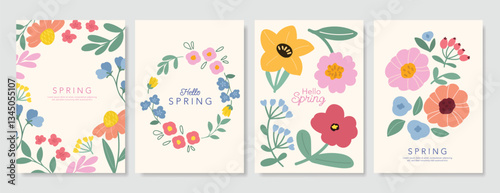 Spring  Floral  invitation card background vector. Minimal hand drawn botanical flowers template background. Design illustration for wedding, vip cover, poster, rsvp modern card, birthday party.