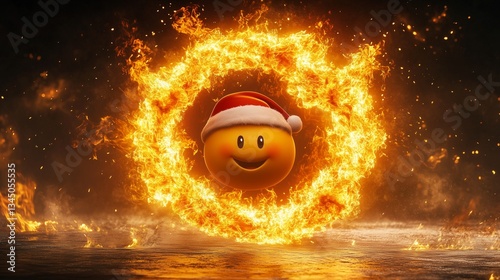 Dramatic Fire Surrounds a Santa Emoji, Holiday Theme with Intense Flames