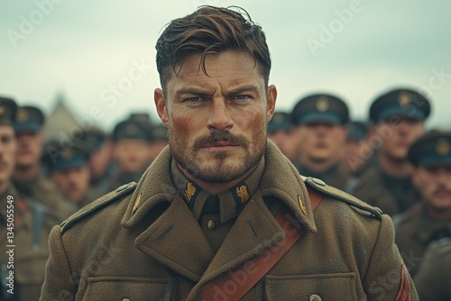 Strong leader stands determined amidst soldiers in historic wartime setting during early morning hours