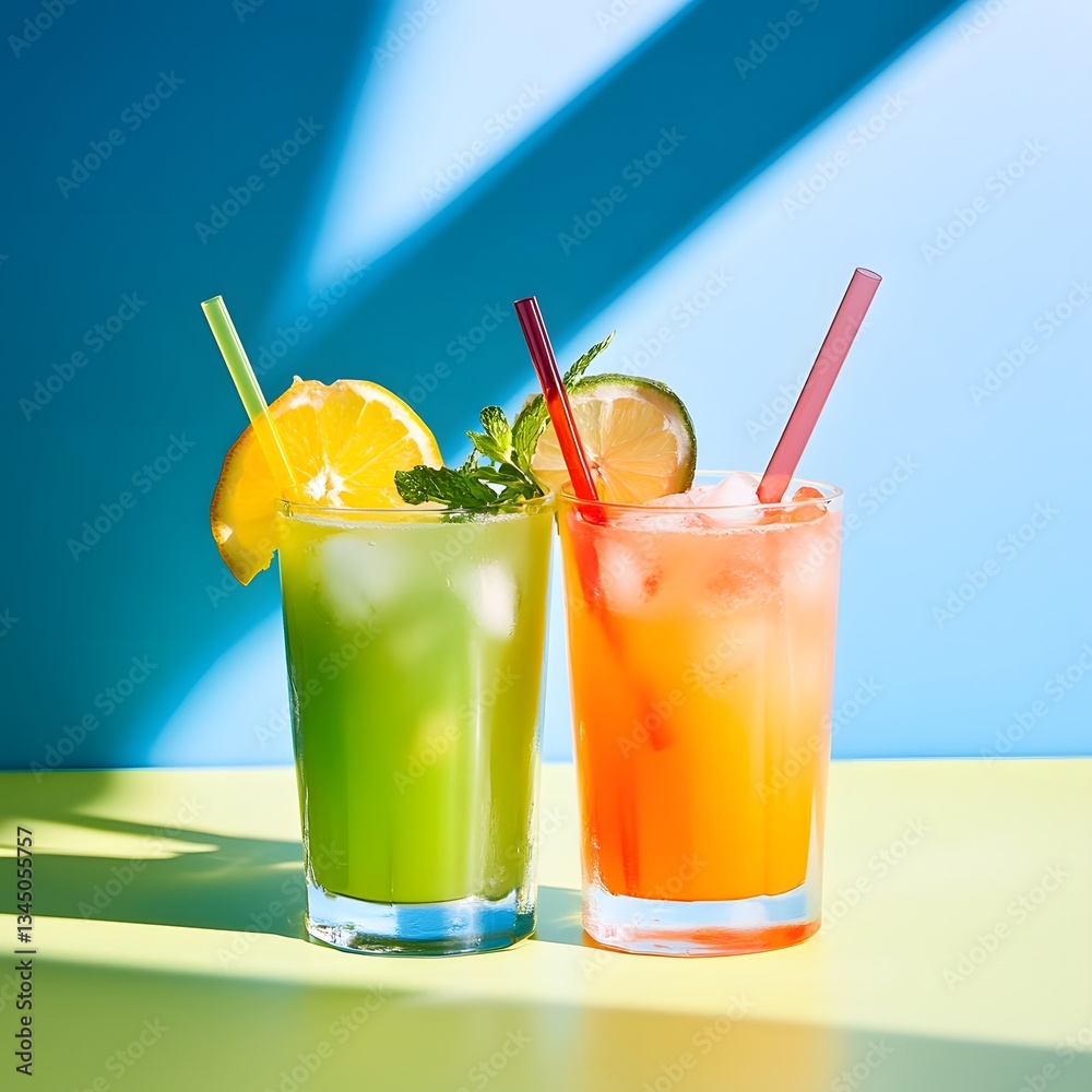 Fototapeta premium Summer drinks. Cocktail or mocktail. Detox concept. Smoothies and fresh berries, citrus, and vegies mocktails. Healthy lifestyle concept