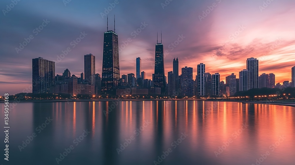 Fototapeta premium Chicago Skyline at Sunset: A Breathtaking Panorama