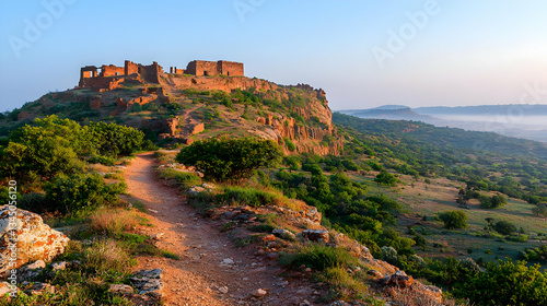 Sunrise Over Ancient Fortress Ruins On Hilltop