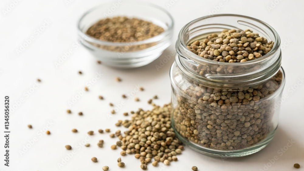 Hemp Seeds in Glass Jar and Bowl on White Background Hemp Seeds in Glass Jar and Bowl on White Background