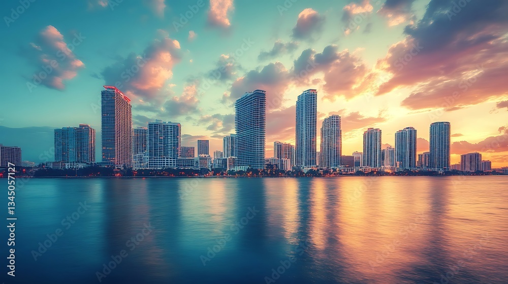 Fototapeta premium Miami Skyline Sunset: Breathtaking Cityscape at Dusk