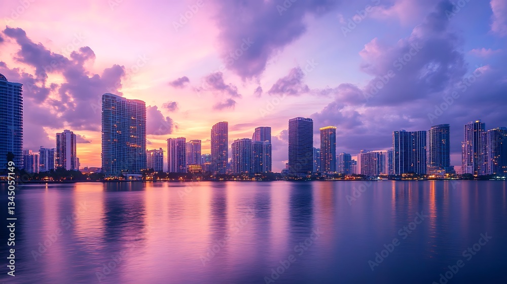 Fototapeta premium Miami Skyline Sunset: Breathtaking Cityscape at Dusk