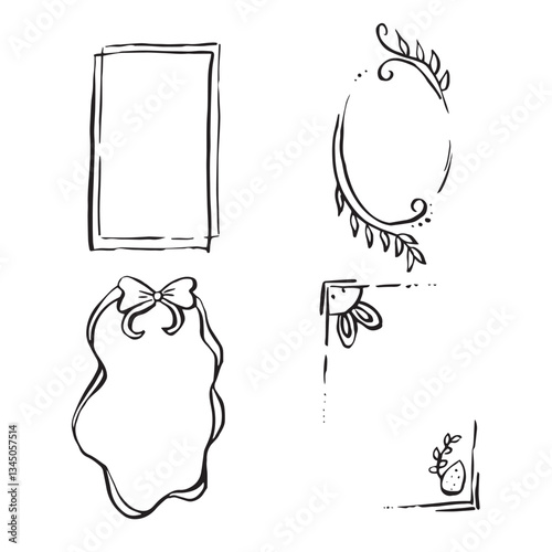 Easter set frames of cute cards or posters in style doodle. Hand drawn whimsical frames with bows and ribbons, rabbit, eggs. Vector template for holiday.