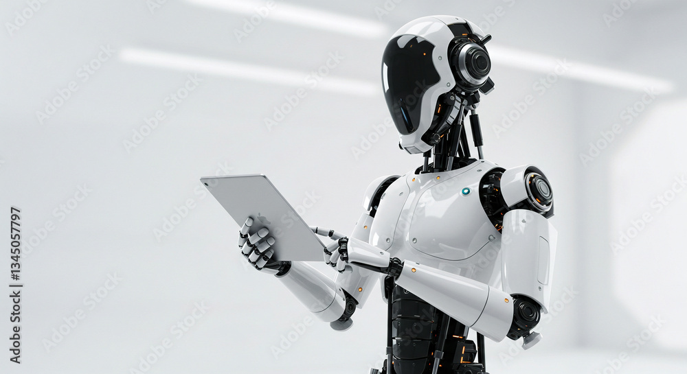 A futuristic humanoid robot stands in a sleek, minimalistic high-tech environment, holding a slim, ultra-modern tablet device in its robotic hand