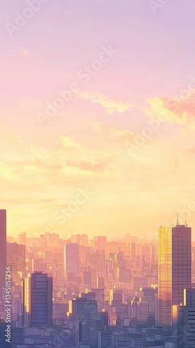 A beautiful stylized cityscape under a colorful pastel sunset sky