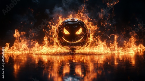 Fiery Scene with a Robot Emoji, Futuristic and Flaming Visual on Black Surface