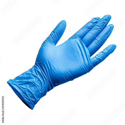 Hand wearing blue medical glove isolated on white background