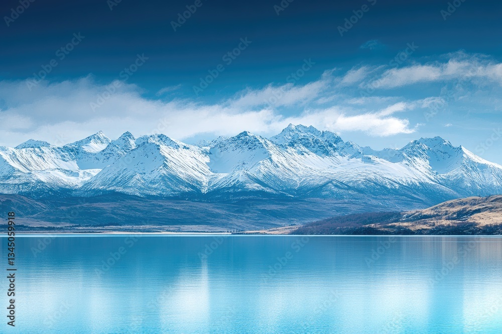 Naklejka premium Pristine alpine lake, snow-capped peaks