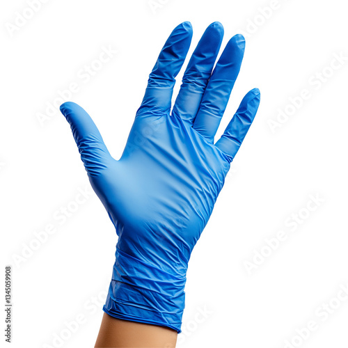 Hand wearing blue medical glove isolated on white background photo