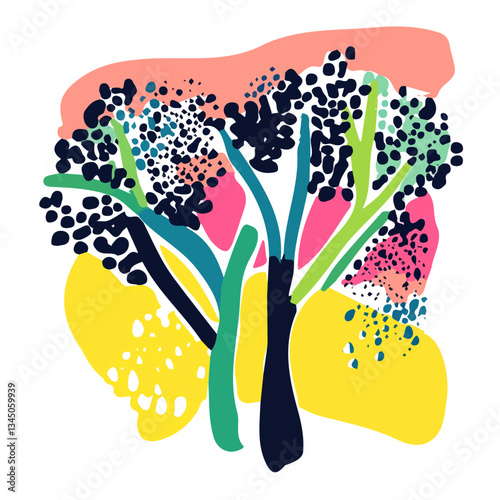 A colorful watercolor Broccoli Rabe branch illustration in trendy abstract minimal style, vector illustration, and EPS format design.