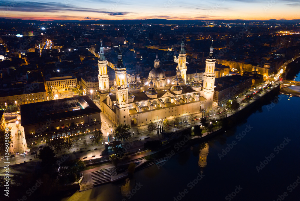 Naklejka premium Night aerial view of Saragossa with Cathedral Basilica of Our Lady, Spain