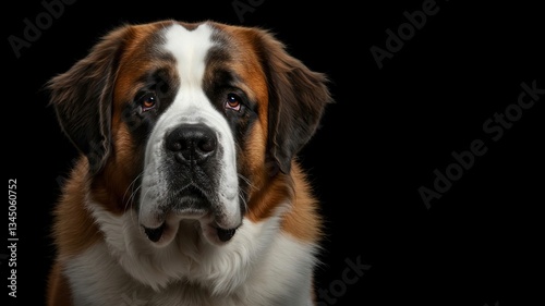 Portrait of a Saint Bernard dog on a black background, highlighting its majestic appearance. Ideal for dog, breed, and large dog content.

