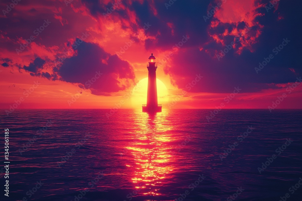 Vibrant sunset behind a lighthouse illuminating the calm ocean waters with dramatic clouds Vibrant sunset behind a lighthouse illuminating the calm ocean waters with dramatic clouds