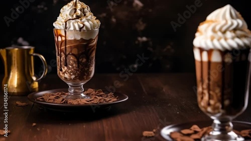 Decadent Chocolate Dessert Drinks: Two gourmet dessert drinks, overflowing with layers of rich chocolate, whipped cream, and decadent toppings.