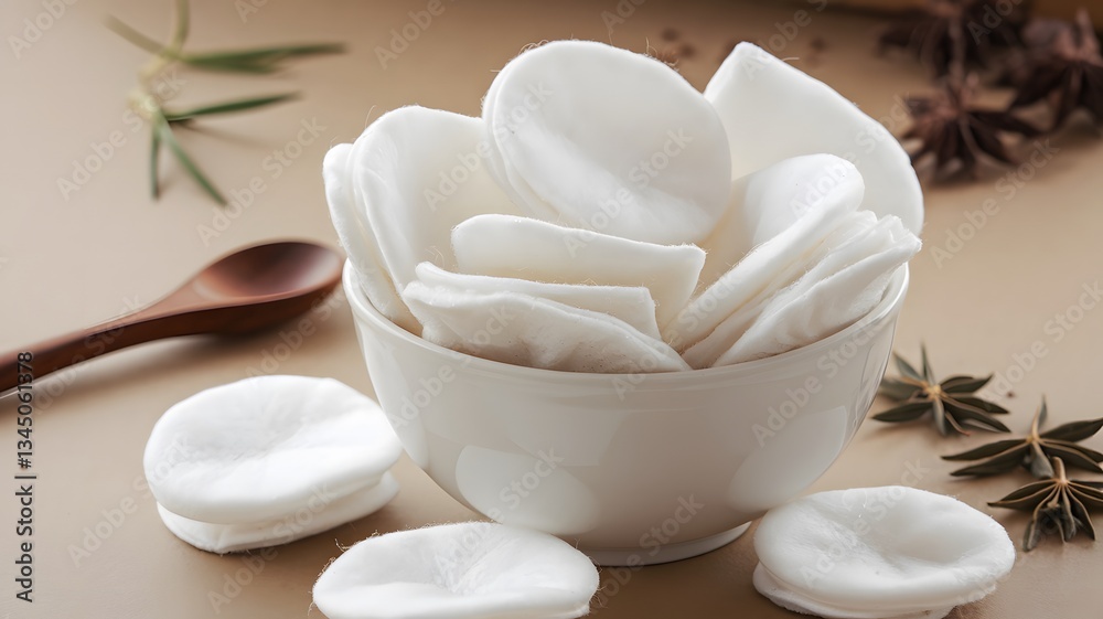 Cotton rounds in a bowl surrounded by natural elements on a neutral surface, perfect for skin care routines Cotton rounds in a bowl surrounded by natural elements on a neutral surface, perfect for skin care routines