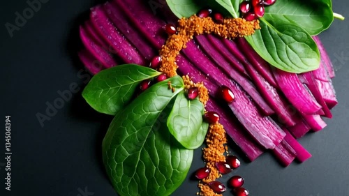 Artistic Plating: A masterfully plated culinary artwork showcases a vibrant composition of ingredients on a minimalist background.
