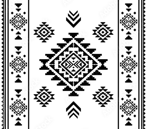 Aztec Navajo tribal Native American geometric seamless pattern. black and white ethnic design for fabric, textile, blanket, rug, carpet, and fashion.