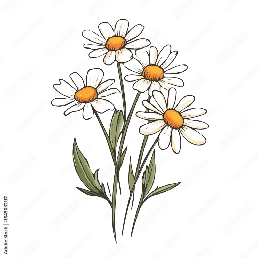 Fototapeta premium Hand-drawn painting of colorful Chamomile branch flower. Trendy abstract minimal style. Natural fresh. Vector illustration isolated on white background, vector illustration, Eps