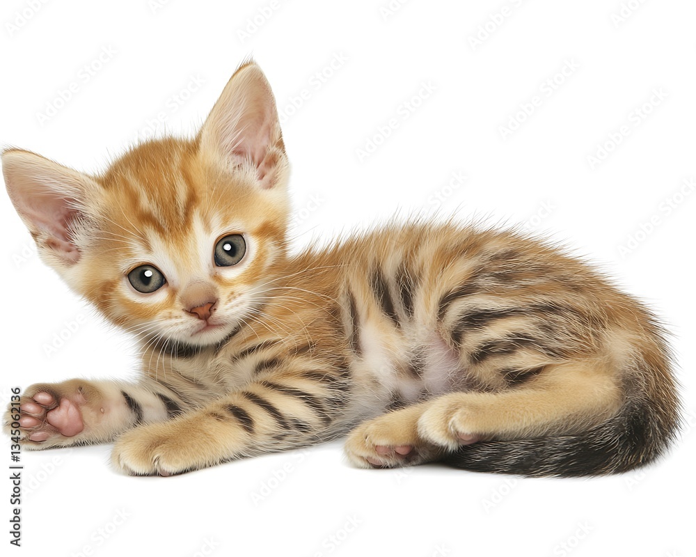 Obraz premium A Small Orange Striped Kitten Lying Down On A White Surface