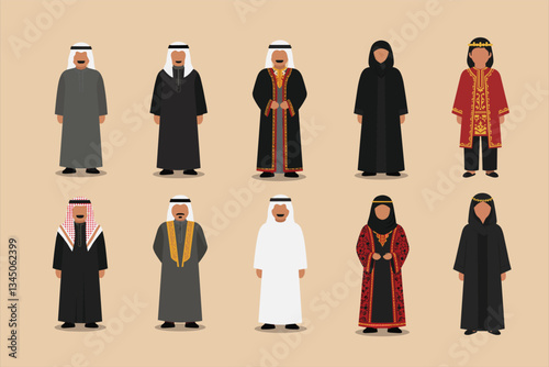 Illustration of male and female Arab .characters. Flat cartoon style illustration. People characters muslim